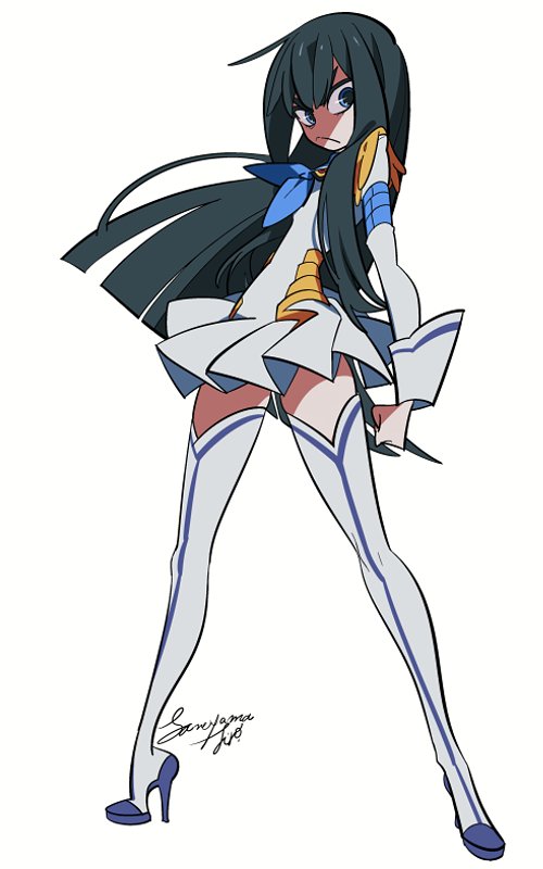 1girl ascot black_hair blue_eyes boots clenched_hand dress epaulettes full_body high_heel_boots high_heels junketsu karabako kill_la_kill kiryuuin_satsuki long_hair short_dress simple_background skirt solo thigh-highs thigh_boots very_long_hair weapon white_background white_boots white_legwear zettai_ryouiki