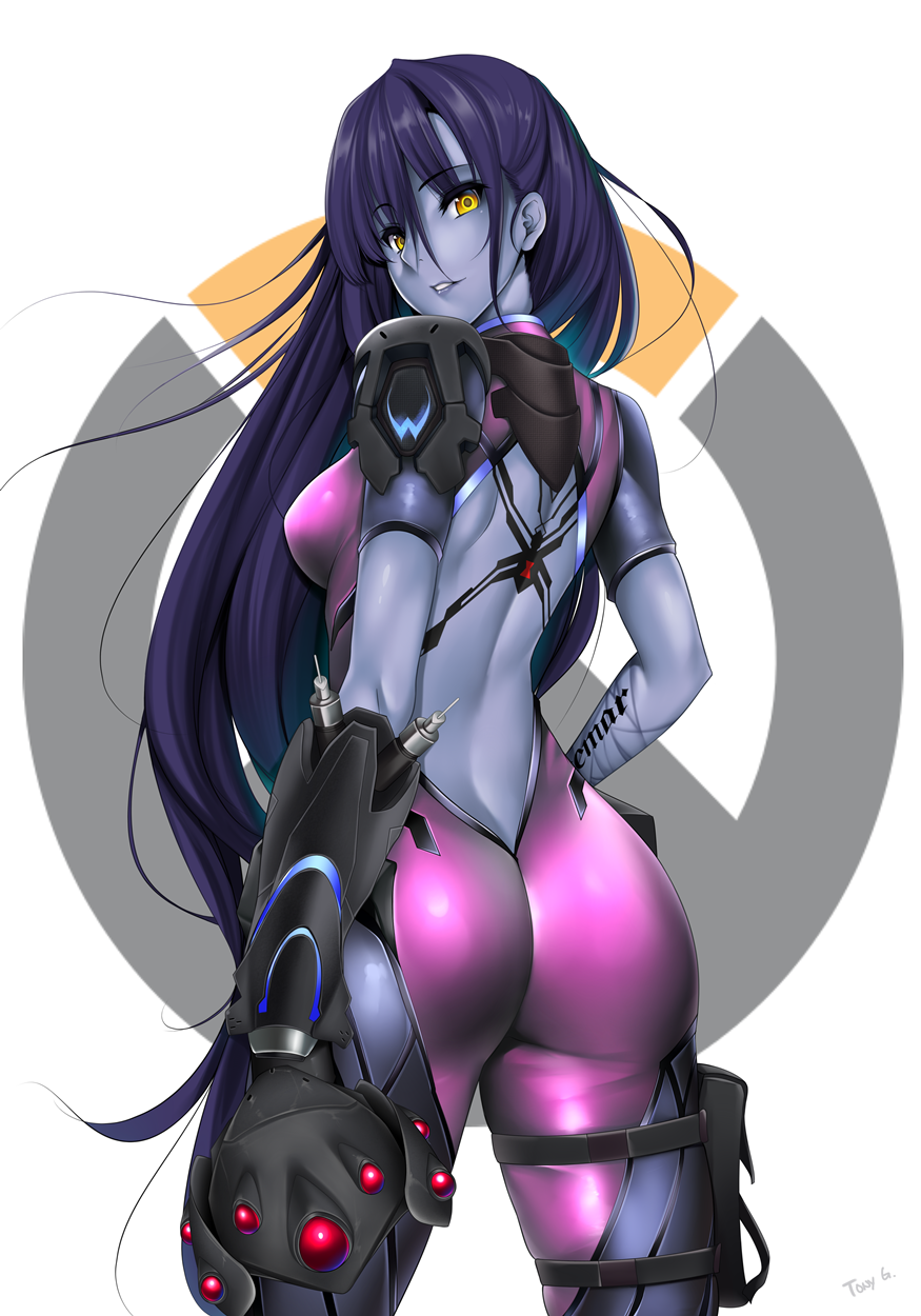 1girl alternate_hairstyle ass back back_tattoo bodysuit breasts breasts_outside cowboy_shot glowing hair_down highres long_hair looking_at_viewer looking_back overwatch parted_lips purple_hair solo spider_tattoo tattoo tony_guisado very_long_hair visor widowmaker_(overwatch) yellow_eyes