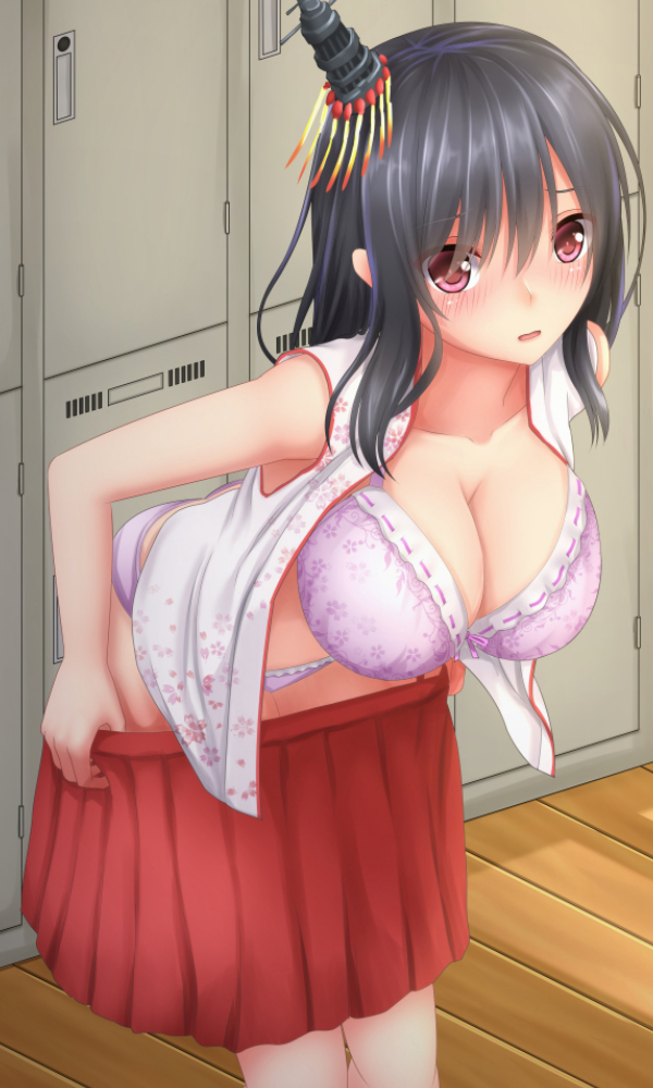 1girl bare_shoulders blush bra breasts changing_clothes changing_room cleavage commentary_request eyebrows hair_ornament kantai_collection large_breasts looking_at_viewer open_mouth red_eyes red_skirt short_hair skirt solo tapisuke underwear yamashiro_(kantai_collection)