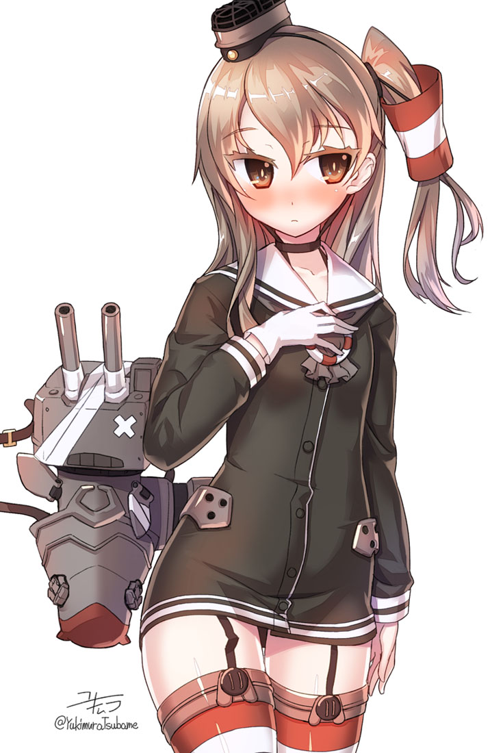 1girl alternate_costume amatsukaze_(kantai_collection) amatsukaze_(kantai_collection)_(cosplay) bandaged_head bandages bandaid blush brown_eyes brown_hair buttons choker cosplay dress garter_straps girls_und_panzer gloves hair_tubes hat kantai_collection lifebuoy long_hair long_sleeves one_side_up red_legwear rensouhou-kun sailor_collar sailor_dress shimada_arisu short_dress side_ponytail single_glove striped striped_legwear thigh-highs twitter_username white_gloves windsock yukimura_tsubame zettai_ryouiki