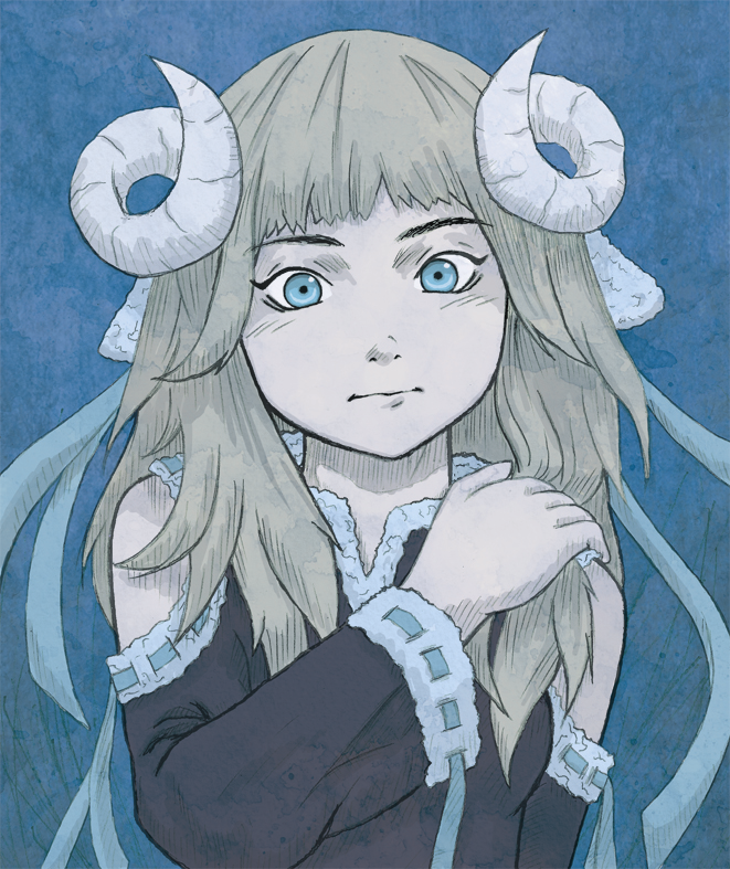 1girl blue blue_eyes cute czechonski girl hair horns imaginatoria kawaii long marcin mouton project ribbons sheep solo