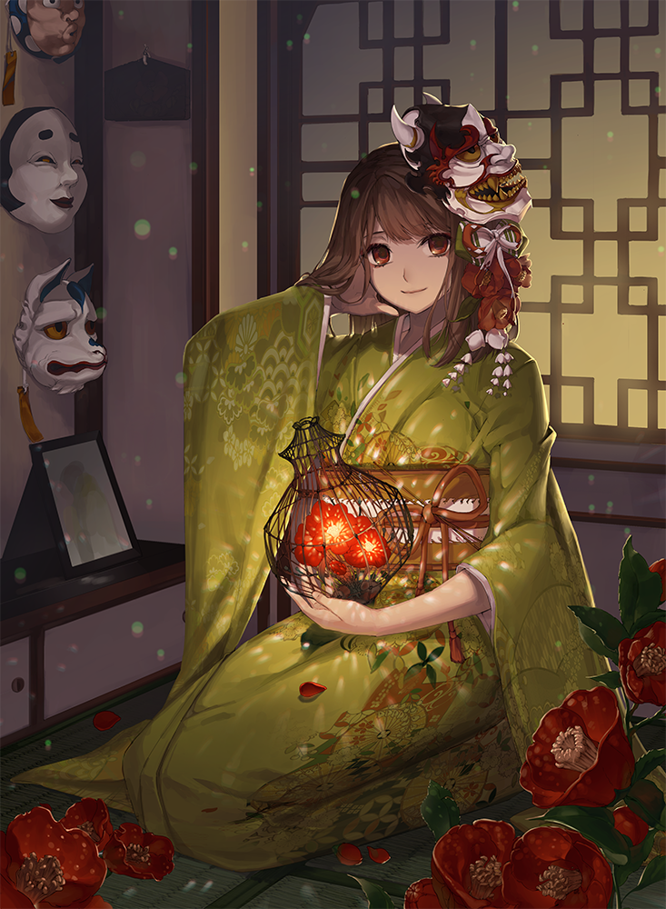 1girl brown_hair cage closed_mouth flower full_body furisode hand_in_hair head_tilt holding japanese_clothes kimono light_smile looking_at_viewer mask_on_head noh_mask obi oni_mask original petals photo_(object) picture_frame red_eyes rwael sash seiza sitting solo tatami