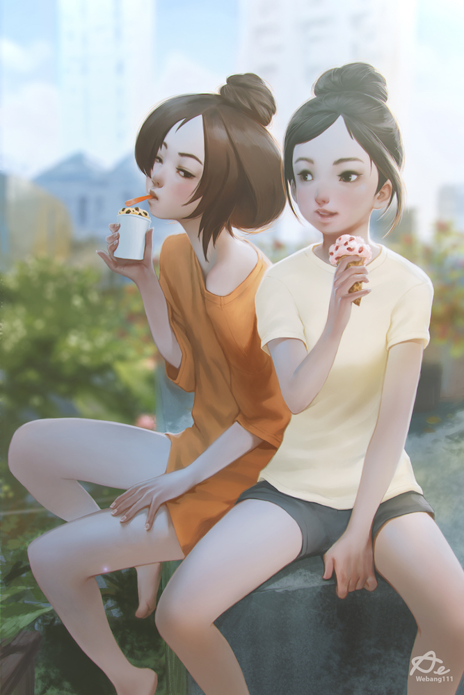 2girls akekarat_sumatchaya bangs black_hair blurry_background brown_hair commentary cup food hair_bun ice_cream ice_cream_cone lips multiple_girls nose off_shoulder orange_shirt original outdoors oversized_clothes oversized_shirt parted_bangs shirt short_hair side-by-side sitting sky spoon spoon_in_mouth teeth waffle_cone yellow_shirt