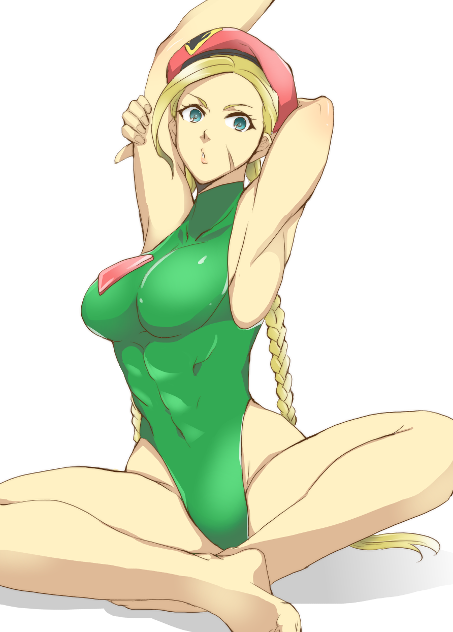 1girl armpits arms_up barefoot beret blonde_hair blue_eyes braid breasts cammy_white hat highleg highleg_leotard highres indian_style leotard long_hair medium_breasts puckered_lips scar sitting skin_tight solo street_fighter stretch takehana twin_braids