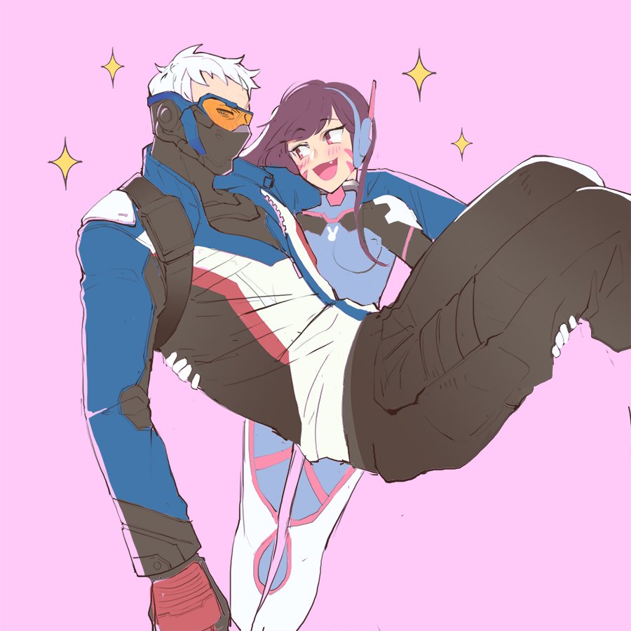 1boy 1girl blush bodysuit breasts brown_eyes brown_hair bunny_print carrying covered_mouth cowboy_shot d.va_(overwatch) face_mask facepaint facial_mark fang gloves headphones high_collar jacket long_hair long_sleeves mask open_mouth overwatch pants pauldrons pilot_suit pink_background princess_carry rabbit red_gloves scar short_hair shoulder_pads simple_background smile soldier:_76_(overwatch) sparkle turtleneck visor whisker_markings white_gloves white_hair