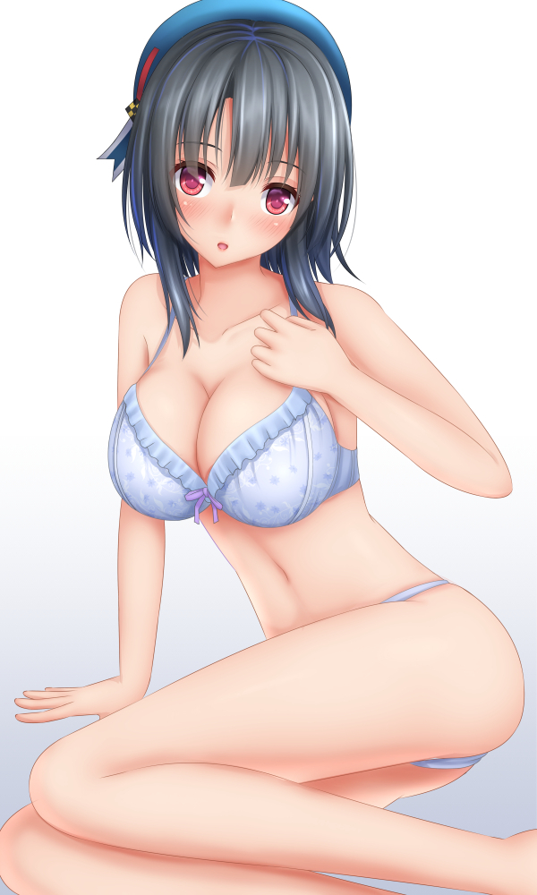 1girl beret bikini black_hair blush breasts hat kantai_collection large_breasts looking_at_viewer open_mouth red_eyes short_hair solo swimsuit takao_(kantai_collection) tapisuke