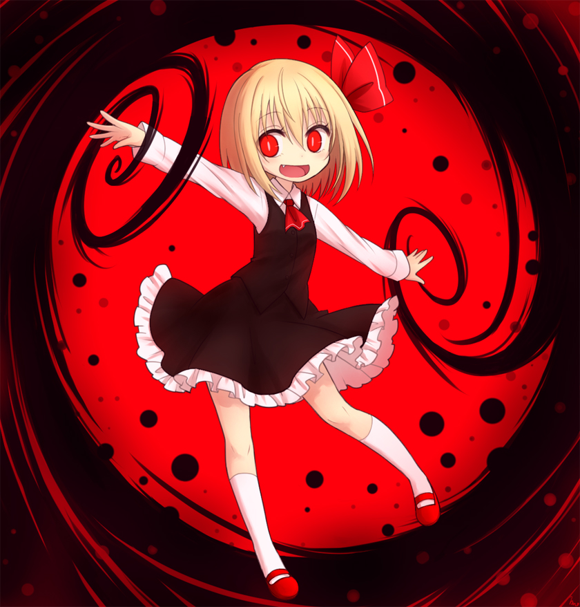 1girl ascot blonde_hair blush darkness fang full_body hair_ribbon kneehighs long_sleeves looking_to_the_side mary_janes miruki open_mouth outstretched_arms red_background red_eyes ribbon rumia shirt shoes short_hair skirt skirt_set smile solo touhou vest white_legwear