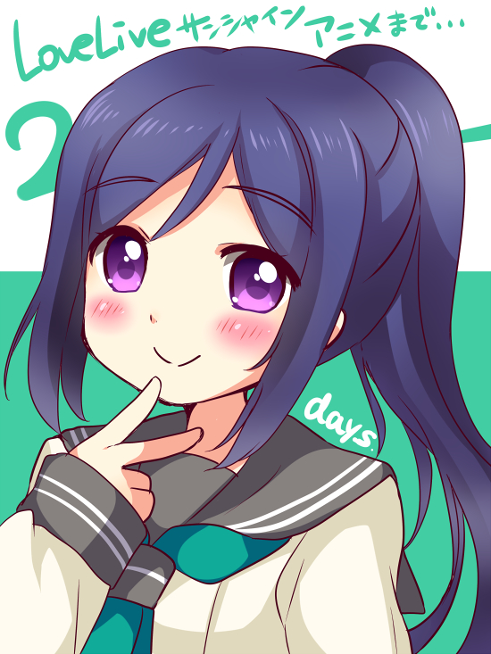 blue_hair blush long_hair love_live!_sunshine!! matsuura_kanan number pirika ponytail purple_eyes seifuku smile