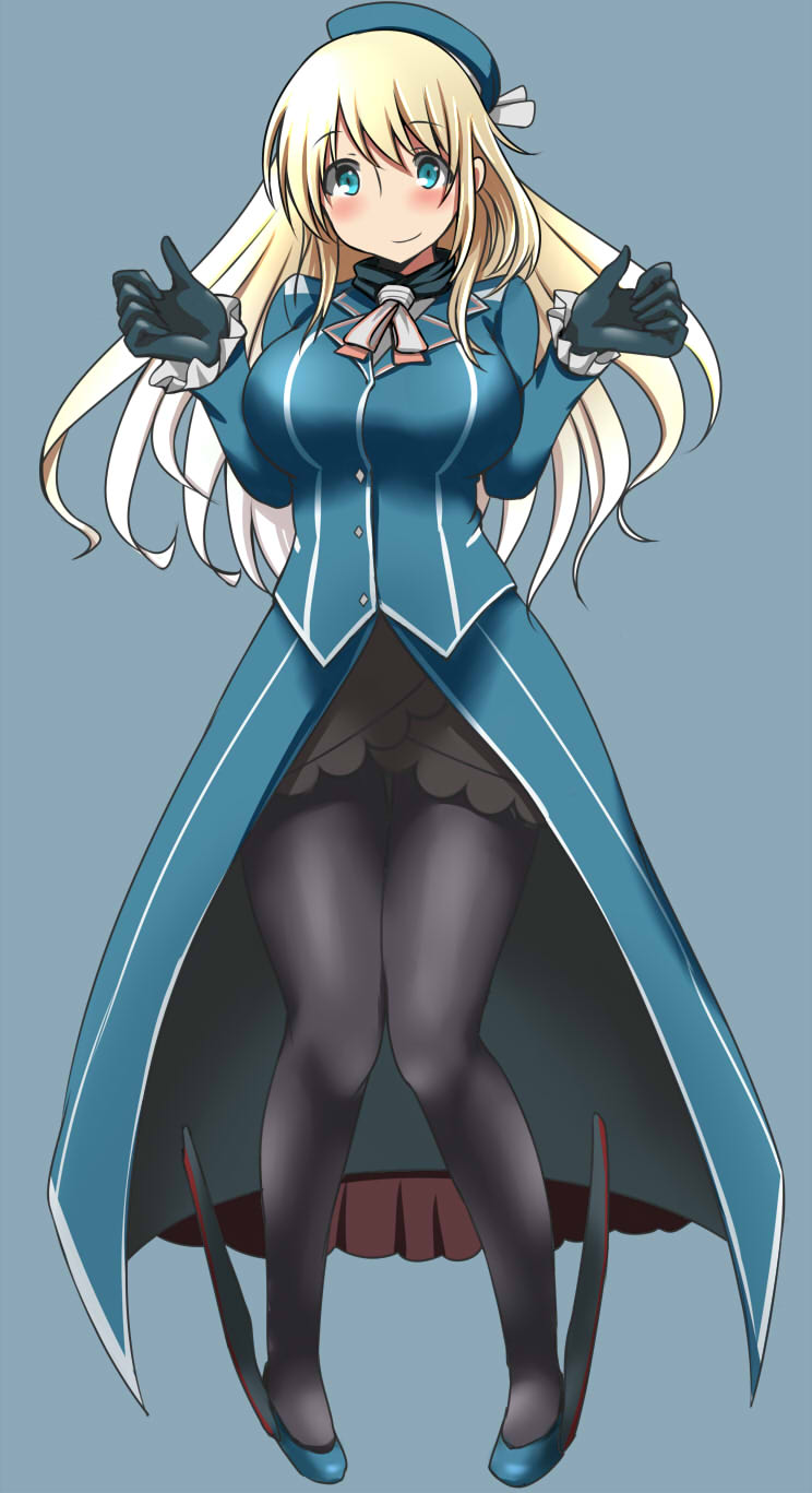 1girl atago_(kantai_collection) bangs beret black_gloves black_legwear blonde_hair blue_background blue_eyes blue_hat blue_jacket breasts commentary_request eyebrows eyebrows_visible_through_hair frilled_sleeves frills full_body gloves hair_between_eyes hands_up hat high_heels highres jacket kantai_collection knees_together_feet_apart large_breasts long_hair looking_at_viewer neck_ribbon pantyhose pigeon-toed ribbon sidelocks simple_background sketch skirt smile solo w_arms yoiyoi_(kannkann100)