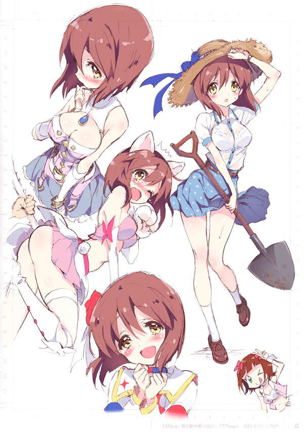 /\/\/\ 1girl :d ;o ;q ahoge amami_haruka animal_ears arm_up ass bangs bare_shoulders belt belt_buckle between_breasts blue_eyes blue_ribbon blue_skirt blush boots bra bracelet breasts brooch brown_eyes brown_hair brown_shoes buckle buttons cat_ears cat_tail chibi choker cleavage collared_shirt crop_top detached_sleeves dress_shirt embarrassed eyelashes fake_animal_ears gem gloves hagiwara_yukiho hair_between_eyes hair_ribbon hand_to_own_mouth hand_up hat hat_ribbon head_tilt holding idolmaster jewelry knee_boots kneehighs knees_together_feet_apart leg_up looking_at_viewer medium_breasts midriff miniskirt multiple_views one_eye_closed open_mouth out_of_frame paw_gloves pink_skirt pleated_skirt polka_dot_skirt pom_pom_(clothes) profile ribbon see-through shade shirt shoes short_hair short_sleeves shovel simple_background skirt sleeveless smile standing standing_on_one_leg straw_hat surprised sweat tail tail_grab tears thigh-highs thigh_gap tongue tongue_out underwear v watch wavy_mouth white_background white_boots white_bra white_legwear white_shirt worktool yellow_eyes yukiwo