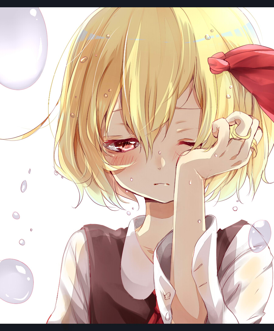 1girl ;( black_vest blonde_hair blush buttons close-up closed_mouth collared_shirt crying crying_with_eyes_open frown hair_ribbon hand_in_hair hand_up letterboxed long_sleeves looking_away looking_down misa_(kaeruhitode) red_eyes red_ribbon ribbon rubbing_eyes rumia shirt short_hair simple_background solo tears touhou upper_body vest wet wet_hair white_background white_shirt wing_collar
