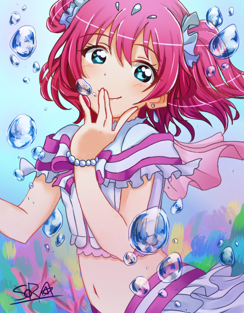 blush bubbles dress green_eyes kurosawa_ruby love_live! love_live!_sunshine!! pink_hair short_hair smile twintails underwater