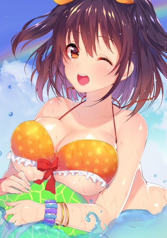 1girl ball beachball bikini black_hair blush bracelet breast_rest breasts brown_eyes cleavage commentary_request jewelry large_breasts looking_at_viewer matarou_(genkai_toppa) open_mouth orange_bikini original short_hair smile solo swimsuit two_side_up water wet wink