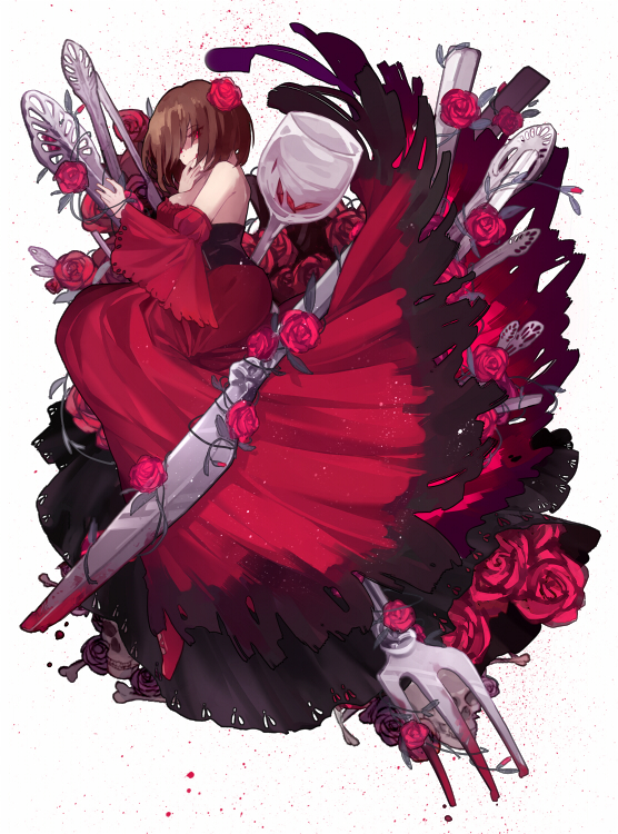 1girl akujiki_musume_conchita_(vocaloid) blood blood_stain bone brown_hair corset cup cutlery detached_sleeves dress drinking_glass flower fork hair_flower hair_ornament hand_to_own_mouth knife lyodi meiko petals red_dress red_eyes rose rose_petals shaded_face short_hair skull solo vocaloid wine_glass