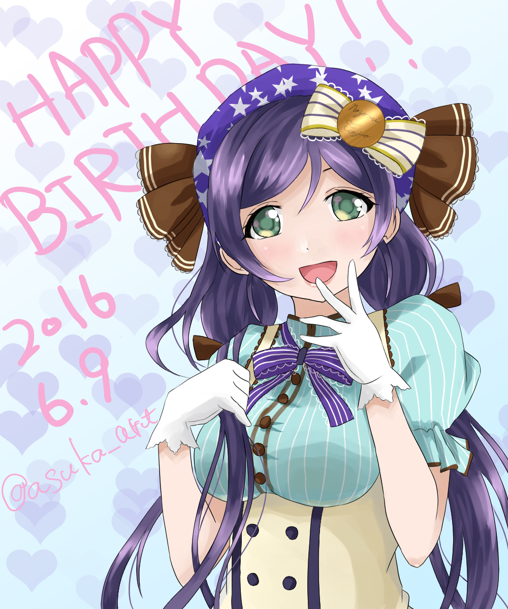 big_breasts birthday blush dress gloves green_eyes headdress long_hair love_live!_school_idol_project low_twintails smile toujou_nozomi twintails violet_hair