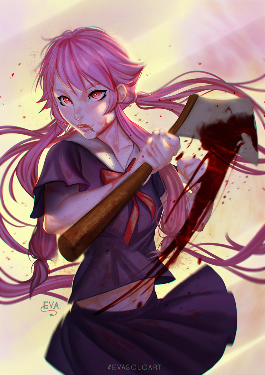1girl axe blood blood_on_face bloody_weapon eva_solo eyeliner gasai_yuno highres lips long_hair makeup mirai_nikki pink_eyes pink_hair red_eyes school_uniform skirt solo twintails weapon yandere