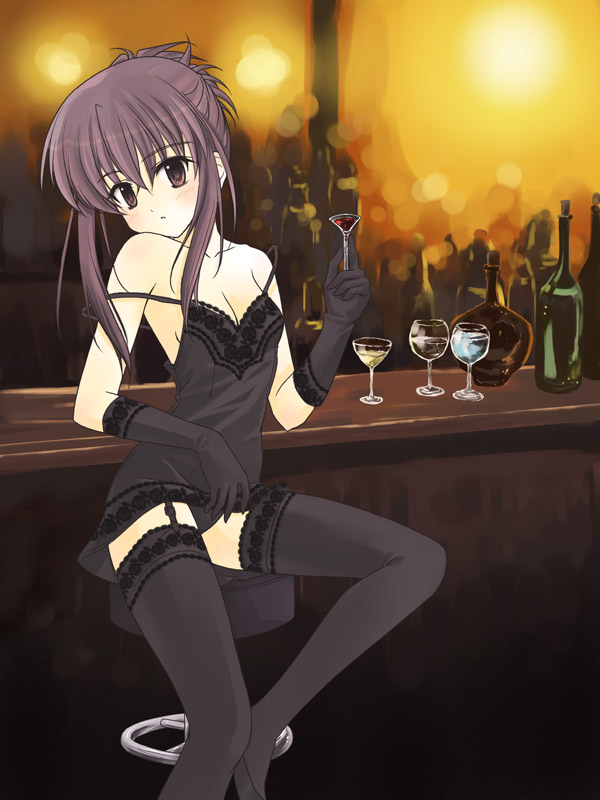 1girl alcohol breasts chair chemise chikage_(sister_princess) cleavage colored garter_straps glass gloves lace leaning_back lingerie long_hair masakichi_(crossroad) off_shoulder panties purple_hair shima_yukiwa sister_princess sitting sitting_on_chair solo strap_slip tavern underwear violet_eyes