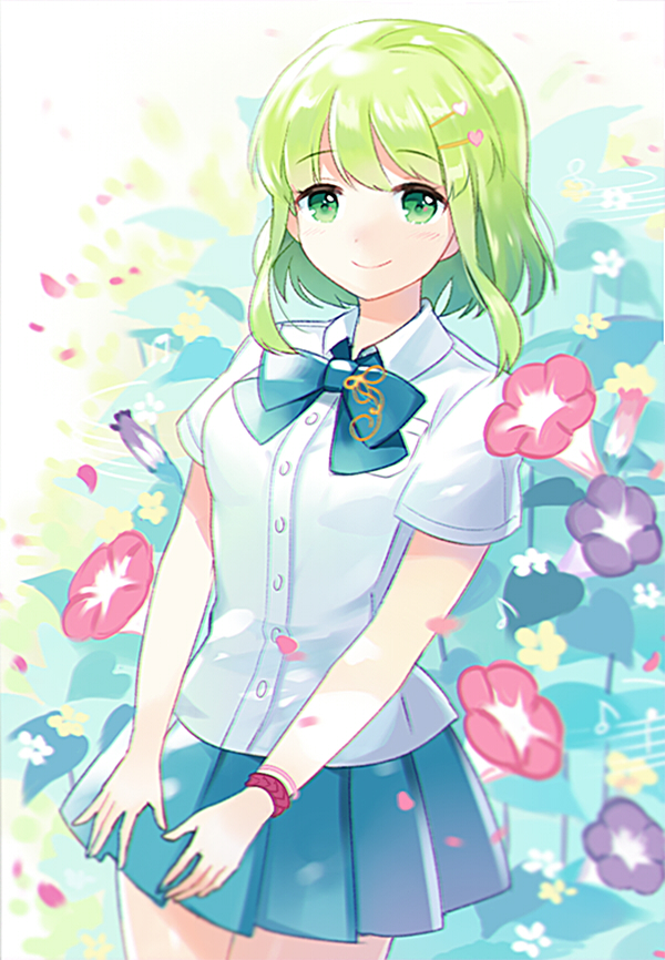 blush dress flower green_eyes green_hair gumi morning_glory short_hair skirt smile vocaloid