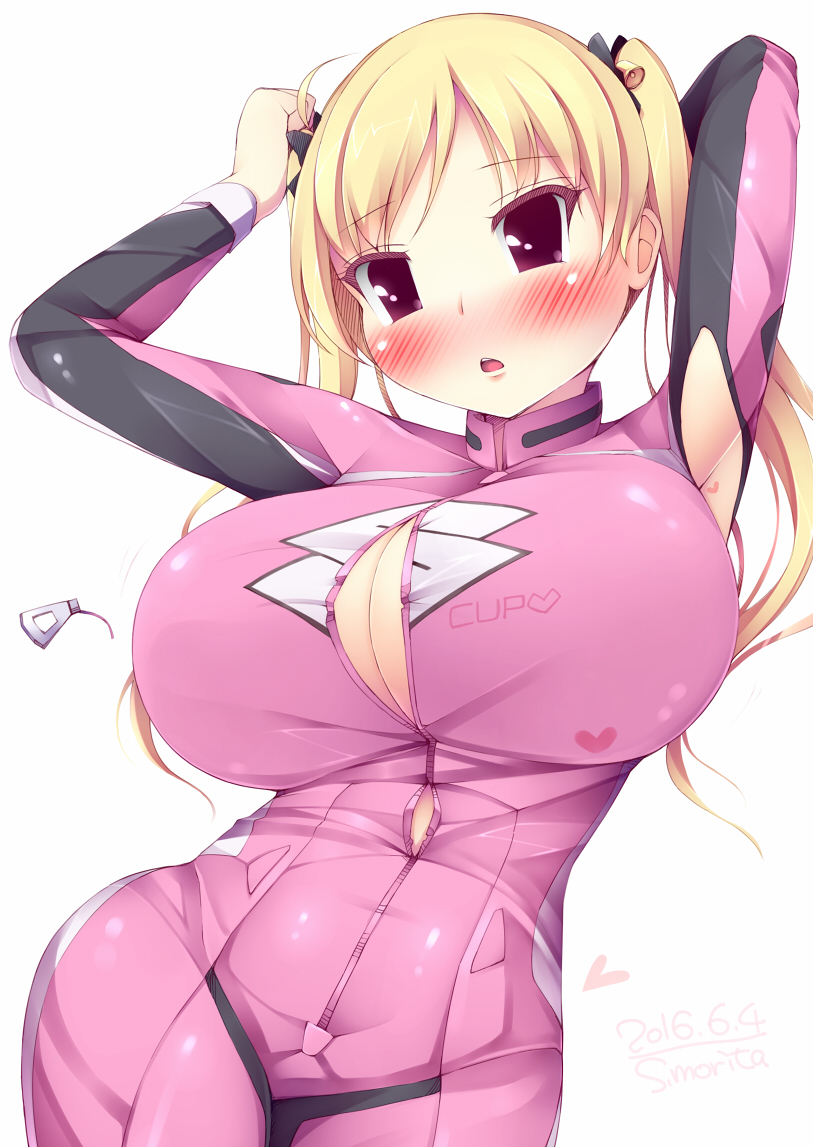 1girl arms_up bakuon!! bell biker_clothes bikesuit blonde_hair blush breasts bursting_breasts cleavage hair_bell hair_ornament hips huge_breasts long_hair morita_(moritania) parted_lips popped_zipper red_eyes simple_background solo suzunoki_rin twintails wardrobe_malfunction white_background zipper