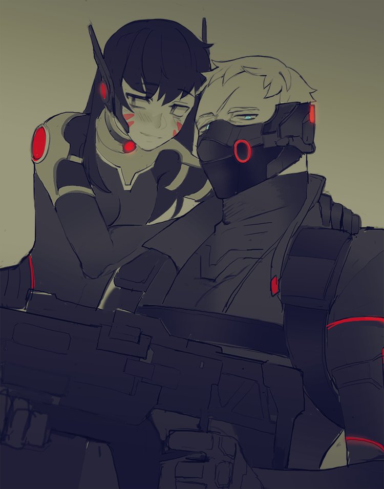 1boy 1girl blue_eyes blush bodysuit breasts covered_mouth d.va_(overwatch) energy_gun face_mask facepaint facial_mark gloves gun headphones high_collar holding holding_weapon jacket long_hair long_sleeves mask overwatch pauldrons pilot_suit rifle scar short_hair shoulder_pads small_breasts soldier:_76_(overwatch) spot_color turtleneck weapon whisker_markings