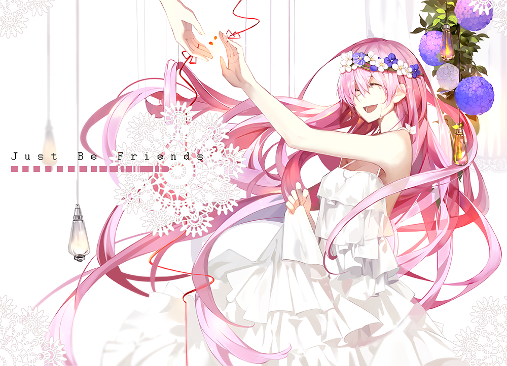1girl bare_shoulders blush closed_eyes dress flower hair_flower hair_ornament head_wreath just_be_friends_(vocaloid) long_hair megurine_luka open_mouth out_of_frame pink_hair red_string saberiii sleeveless sleeveless_dress smile solo_focus song_name string very_long_hair vocaloid white_dress