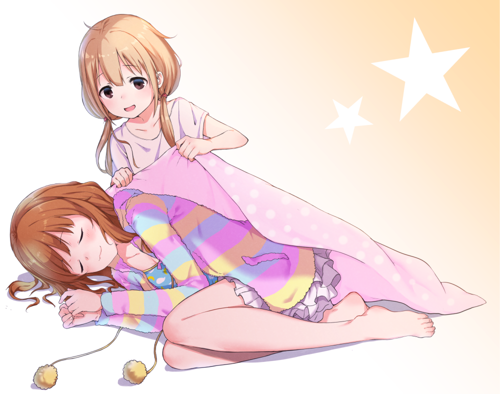 2girls :3 bare_legs barefoot bed_sheet blonde_hair blush brown_eyes brown_hair closed_eyes deca_purio fetal_position frilled_skirt frills futaba_anzu idolmaster idolmaster_cinderella_girls long_hair low_twintails lying moroboshi_kirari multiple_girls on_side open_mouth skirt sleeping smile striped striped_hoodie twintails