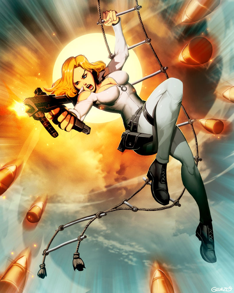 1girl artist_name blonde_hair blue_eyes breasts bullet cleavage genzoman gun marvel open_mouth sharon_carter sky solo teeth weapon