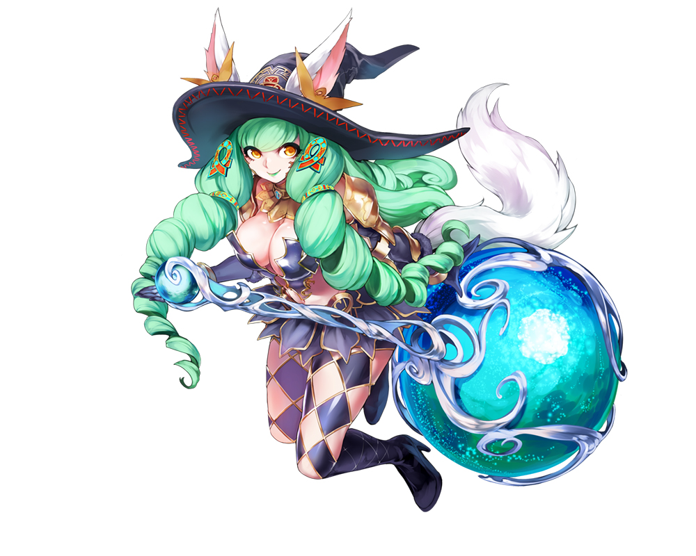 1girl animal_ears argyle_cutout black_gloves breasts drill_hair elbow_gloves fiore_burnelli full_body gloves green_hair hair_ornament hat large_breasts lipstick long_hair looking_at_viewer makeup official_art orb revealing_clothes simple_background smile solo star_ocean star_ocean_integrity_and_faithlessness tail twin_drills white_background witch_hat yellow_eyes