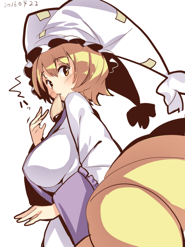 1girl blonde_hair blush breasts dated fox_tail hat huge_breasts kasa_jizou looking_at_viewer looking_to_the_side mouth_hold multiple_tails pillow_hat short_hair solo surprised tabard tail touhou yakumo_ran yellow_eyes