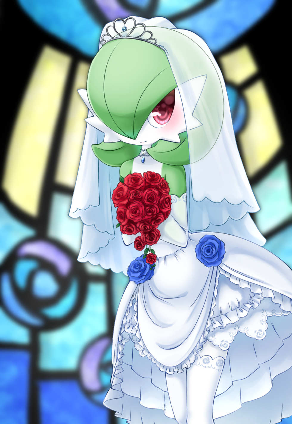 1girl bare_shoulders blue_flower blue_rose blurry blurry_background blush bouquet bridal_veil choker closed_mouth clothed_pokemon colored_skin commentary_request detached_sleeves dress flat_chest floral_print flower gardevoir gem gen_3_pokemon green_skin hands_up happy heart heart_in_eye highres holding holding_bouquet layered_dress leaning_forward legs_together muguet multicolored multicolored_skin pokemon pokemon_(creature) red_eyes red_flower red_rose rose rose_print sapphire_(gemstone) see-through smile solo stained_glass standing symbol_in_eye thigh-highs tiara two-tone_skin veil wedding_dress white_choker white_dress white_legwear white_skin white_sleeves