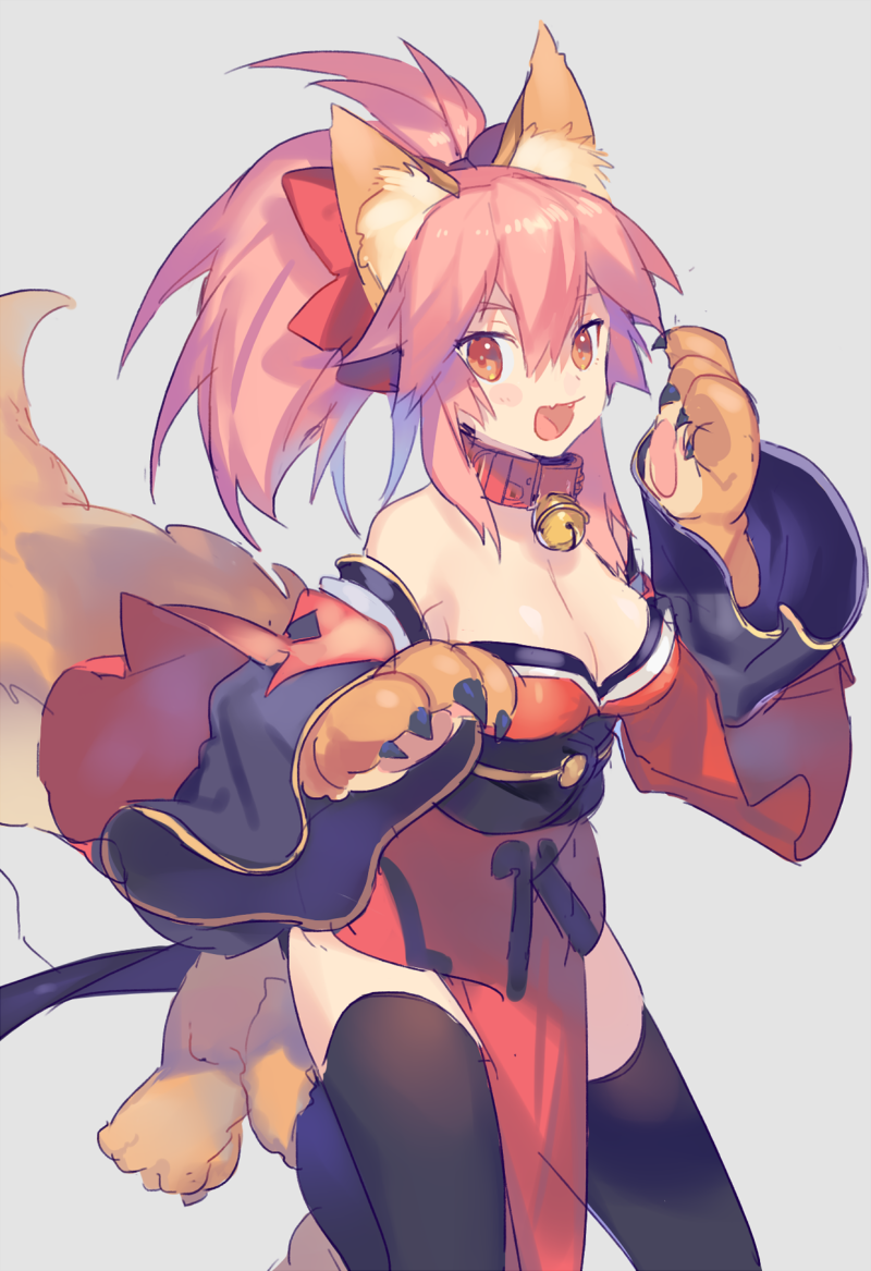 1girl animal_ears bell bell_collar breasts caster_(fate/extra) cleavage collar fate/grand_order fate_(series) fox_ears fox_tail grey_background hair_ribbon heiwa_(murasiho) japanese_clothes large_breasts long_hair looking_at_viewer open_mouth pink_hair ribbon simple_background solo tail tamamo_cat_(fate/grand_order) thigh-highs yellow_eyes