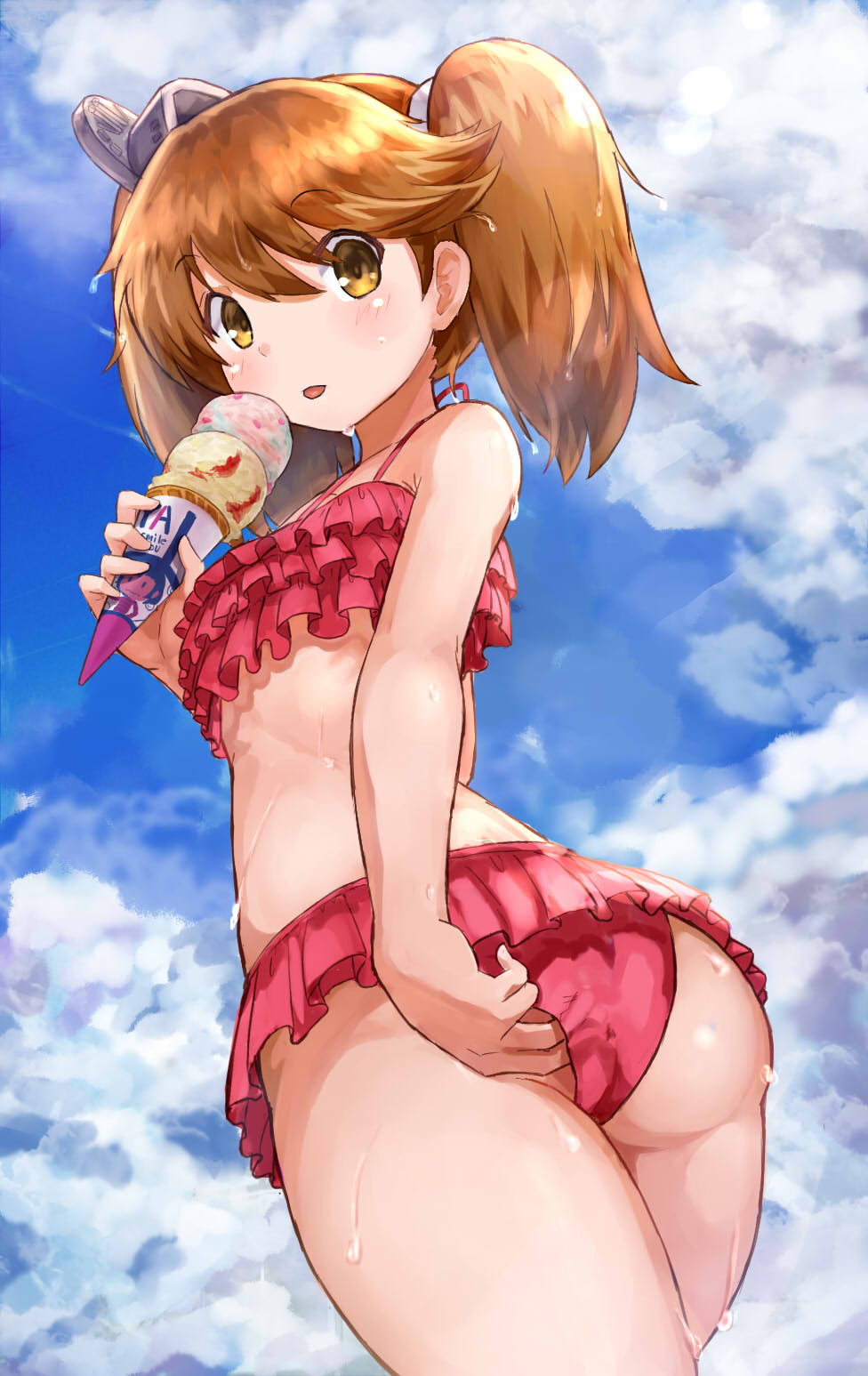 1girl adjusting_clothes adjusting_swimsuit alternate_costume ass bikini bikini_skirt brown_eyes brown_hair clouds cloudy_sky flat_chest food frilled_bikini frilled_skirt frills from_below hair_between_eyes highres ice_cream kantai_collection long_hair looking_at_viewer midriff okitsugu red_bikini revision ryuujou_(kantai_collection) skirt sky sweat sweating swimsuit thighs tongue tongue_out twintails visor_cap