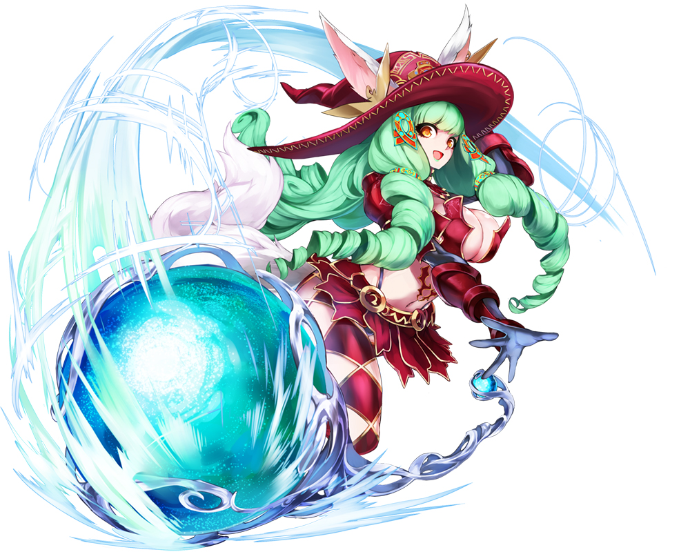 1girl animal_ears artist_request black_gloves breasts drill_hair fiore_burnelli gloves green_hair hair_ornament hat large_breasts long_hair looking_at_viewer official_art open_mouth orange_eyes revealing_clothes simple_background solo star_ocean star_ocean_integrity_and_faithlessness twin_drills white_background witch_hat