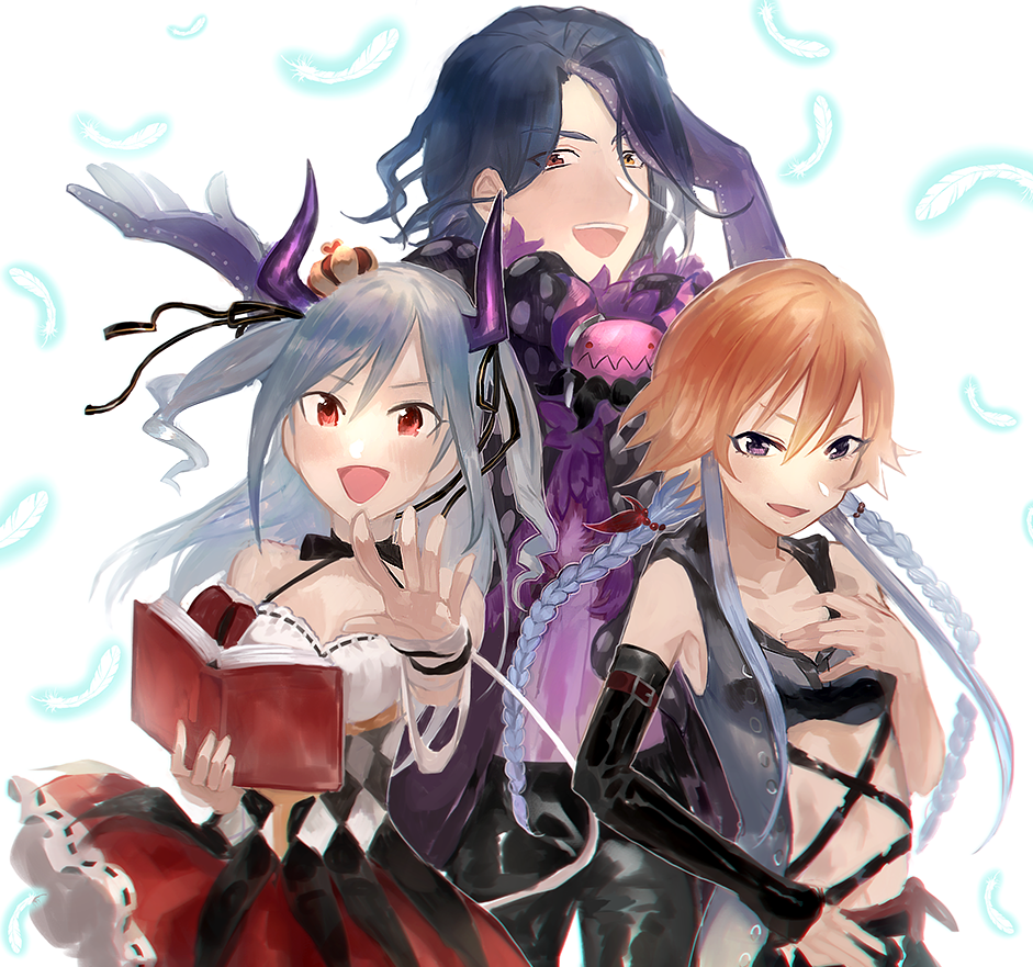 1boy 2girls asselin_bb_ii book braid chuunibyou crown feathers gloves heterochromia idolmaster idolmaster_cinderella_girls idolmaster_side-m kanzaki_ranko kojijima mini_crown multiple_girls ninomiya_asuka open_clothes open_vest orange_hair red_eyes satan_(idolmaster) silver_hair stuffed_toy trait_connection twin_braids vest wavy_hair yellow_eyes