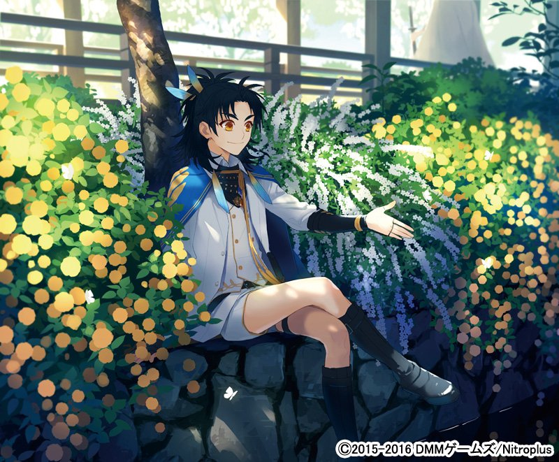 1boy black_hair blue_hair boots bush butterfly cape company_name crossed_legs dappled_sunlight feathers fence flower furrowed_eyebrows hair_feathers jacket knee_boots leaf looking_at_viewer male_focus official_art on_wall outstretched_arm plant retaining_wall shorts sitting smile stone_wall sunlight taikogane_sadamune toichi_(ik07) touken_ranbu tree wall watermark white_jacket wooden_fence yellow_eyes