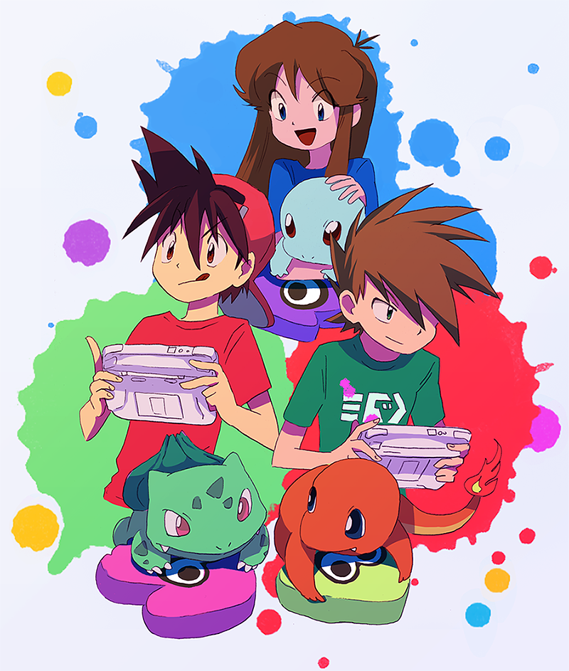 1girl 2boys :p blue_(pokemon) blue_(pokemon)_(classic) bulbasaur character_doll charmander cushion game_console multiple_boys ookido_green ookido_green_(classic) paint_splatter playing_games pokemon pokemon_(creature) pokemon_special red_(pokemon) red_(pokemon)_(classic) shirt sorobochi splatoon splatter squirtle t-shirt tongue tongue_out wii_u