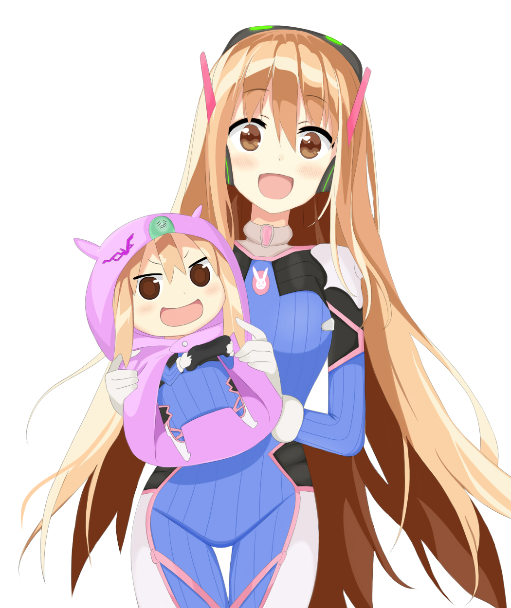 &gt;:d 1girl :d adapted_costume blush bodysuit brown_eyes brown_hair chibi controller cosplay cowboy_shot d.va_(overwatch) d.va_(overwatch)_(cosplay) doma_umaru dual_persona game_controller gamepad gloves grapesoda groin hair_between_eyes hamster_costume head_tilt highres himouto!_umaru-chan holding komaru long_hair looking_at_viewer open_mouth overwatch smile thigh_gap very_long_hair white_background white_gloves