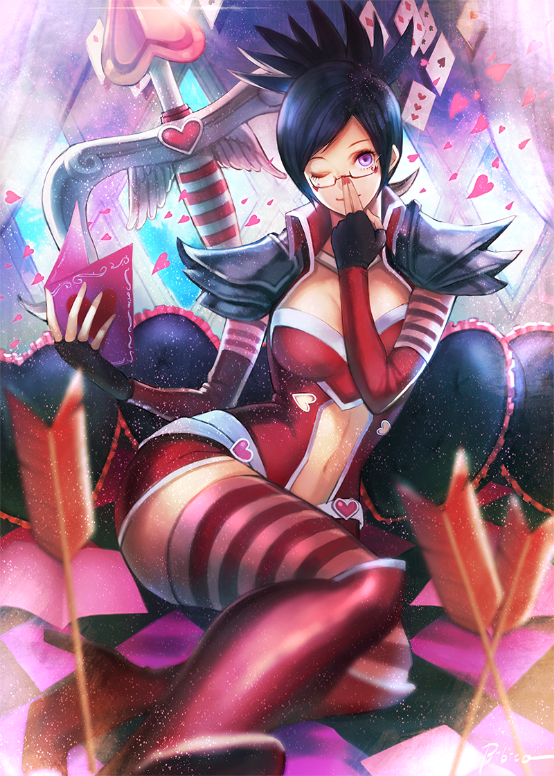 1girl adjusting_glasses arrow bibiko black_hair boots bow_(weapon) breasts card crossbow fingerless_gloves folded_ponytail glasses gloves greeting_card heart heart_cutout heart_pillow heartseeker_vayne large_breasts league_of_legends looking_at_viewer pillow playing_card semi-rimless_glasses shauna_vayne sitting smile solo spaulders striped striped_legwear thigh-highs under-rim_glasses violet_eyes weapon