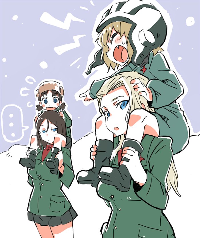 ... 4girls bangs black_hair blonde_hair blue_eyes boots breasts brown_hair carrying clara_(girls_und_panzer) closed_eyes commentary_request fang fur_hat girls_und_panzer hair_between_eyes hand_on_another's_head hat helmet hibiglasses holding_legs jacket katyusha large_breasts looking_at_breasts looking_to_the_side low_twintails military military_uniform multiple_girls nina_(girls_und_panzer) nonna open_mouth parted_bangs pleated_skirt pointing shoulder_carry sketch skirt snow spoken_ellipsis spoken_sweatdrop sweatdrop twintails uniform ushanka wide-eyed