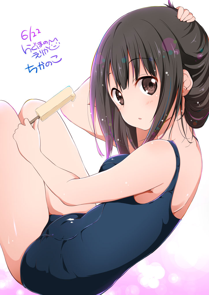 1girl :o arm_up artist_name bare_arms bare_legs bare_shoulders black_hair black_swimsuit blush body_blush breasts brown_eyes dated eyebrows eyebrows_visible_through_hair food from_side hand_on_head holding holding_food leaning_back legs_up looking_at_viewer medium_breasts melting old_school_swimsuit one-piece_swimsuit open_mouth original popsicle ragho_no_erika revision school_swimsuit short_hair signature simple_background sitting skin_tight solo swimsuit tareme white_background