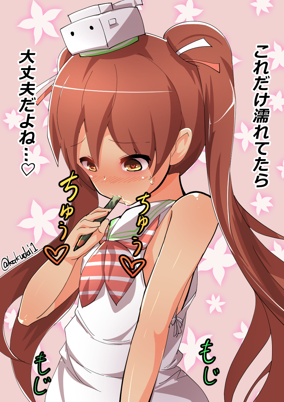 1girl artist_name bare_shoulders dress god@man hair_ribbon hat heart heart-shaped_pupils highres holding holding_pencil kantai_collection libeccio_(kantai_collection) long_hair mini_hat neckerchief orange_eyes pencil pink_background redhead ribbon sailor_collar saliva saliva_trail sexually_suggestive simple_background sleeveless sleeveless_dress solo sucking sundress symbol-shaped_pupils text translation_request twintails upper_body very_long_hair white_dress white_hat