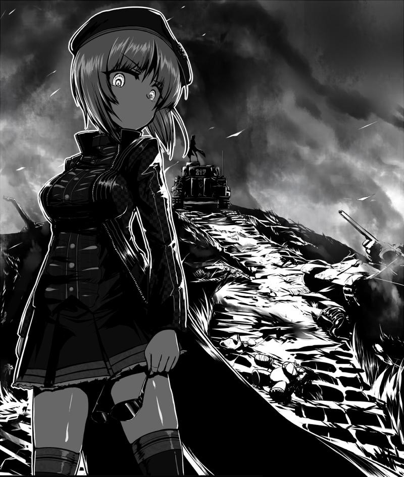 1girl bangs beret crazy_eyes destruction girls_und_panzer ground_vehicle hat holding jacket looking_at_viewer military military_vehicle miniskirt monochrome motor_vehicle multiple_girls nelo_anjuurou nishizumi_miho no_mouth pleated_skirt short_hair skirt smoke standing sunglasses tank tiger_i vehicle_request