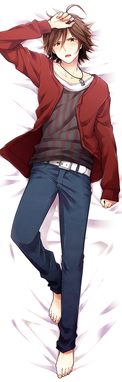 1boy ahoge amagase_touma barefoot bed_sheet belt blush brown_eyes brown_hair cardigan clenched_hand dakimakura denim full_body highres idolmaster idolmaster_side-m jeans jewelry looking_at_viewer necklace nogoodlife open_mouth pants shirt solo striped striped_shirt vertical-striped_shirt vertical_stripes