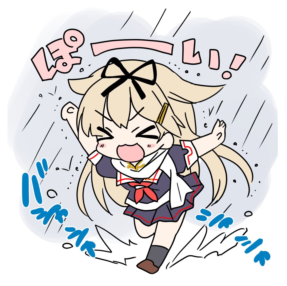 &gt;_&lt; 1girl arms_up black_bow black_legwear black_serafuku blonde_hair blush bow chibi closed_eyes commentary hair_bow hair_flaps hizuki_yayoi kantai_collection long_hair neckerchief open_mouth outstretched_arms pleated_skirt poi rain remodel_(kantai_collection) scarf school_uniform serafuku skirt solo splashing spread_arms translated white_scarf yuudachi_(kantai_collection)