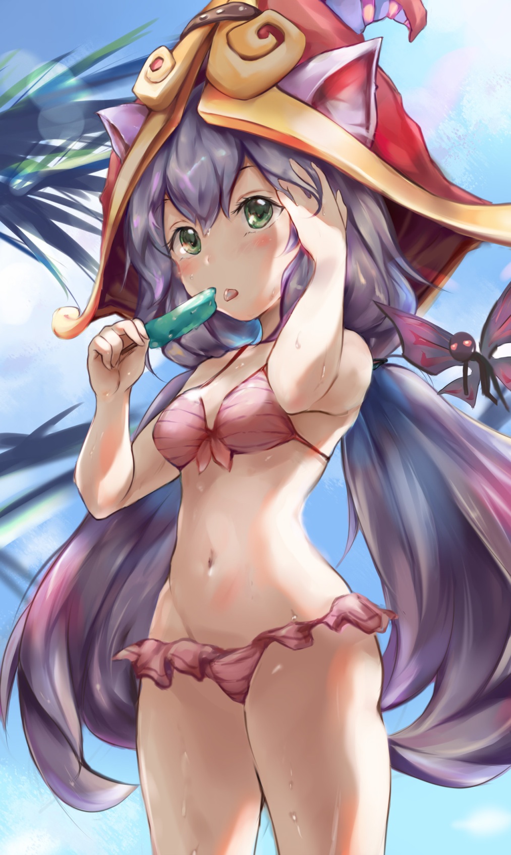 1girl animal_ears bikini blush erementa fairy fairy_wings green_eyes hat highres league_of_legends licking looking_at_viewer lulu_(league_of_legends) navel pix popsicle purple_hair red_eyes sweat swimsuit tongue tongue_out twintails wings