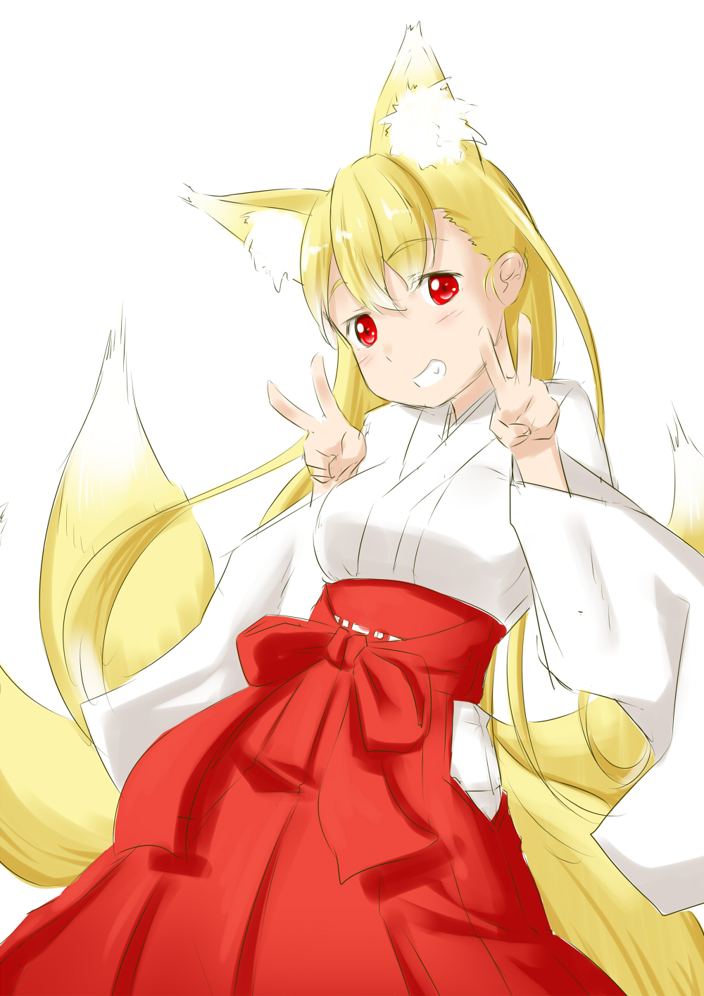 1girl animal_ears blonde_hair commentary_request double_v eyebrows eyebrows_visible_through_hair fox_ears fox_tail grin hakama head_tilt highres japanese_clothes long_hair looking_at_viewer miko multiple_tails niwatazumi original red_eyes red_hakama simple_background sketch smile solo tail v white_background wide_sleeves