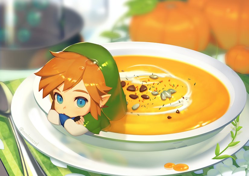 1boy food in_bowl in_container link mimme_(haenakk7) miniboy pumpkin pumpkin_soup soup the_legend_of_zelda