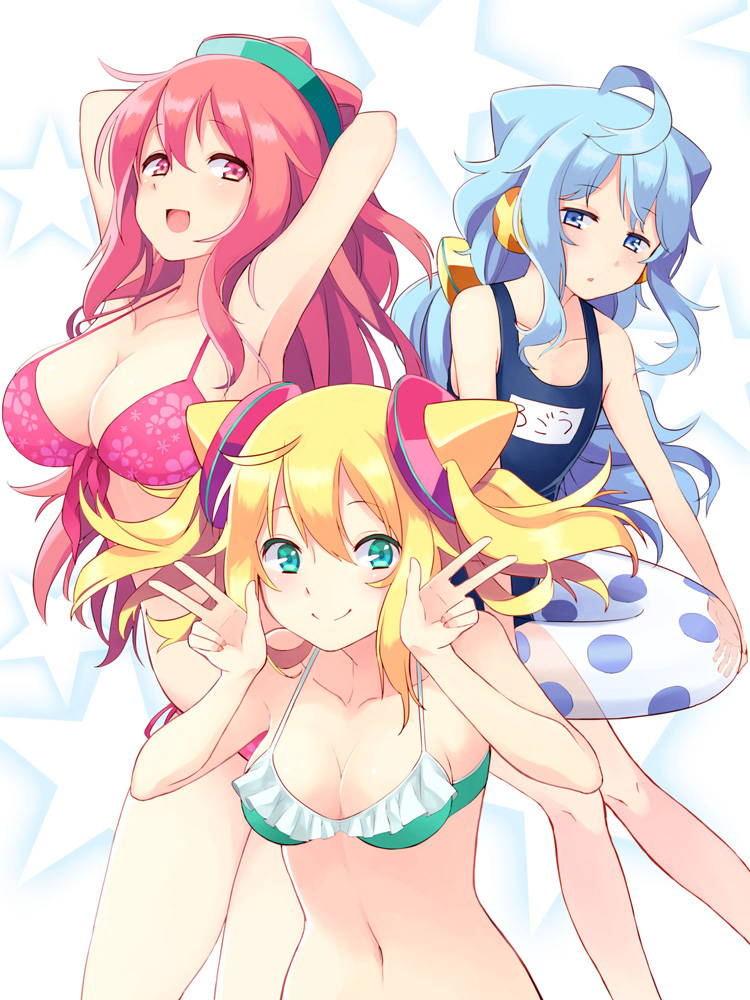 1boy 2girls :d :o ahoge armpits arms_behind_head bikini blue_eyes blue_hair breasts cleavage double_v green_bikini green_eyes hacka_doll hacka_doll_1 hacka_doll_2 hacka_doll_3 kagehino_akari long_hair looking_at_viewer multiple_girls navel one-piece_swimsuit open_mouth otoko_no_ko pink_bikini pink_eyes pink_hair school_swimsuit short_hair smile swimsuit twintails v