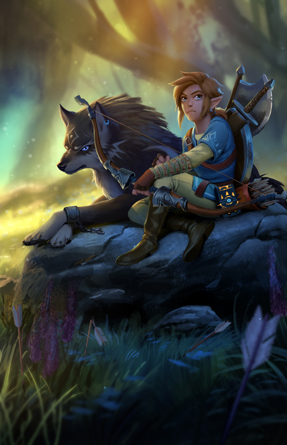 1boy arrow axe blonde_hair blue_eyes bow_(weapon) dual_persona facial_mark forehead_mark grass highres link link_(wolf) malin_falch nintendo pointy_ears quiver rock scabbard scar sheath shield sitting sword the_legend_of_zelda the_legend_of_zelda:_breath_of_the_wild the_legend_of_zelda:_twilight_princess weapon wolf