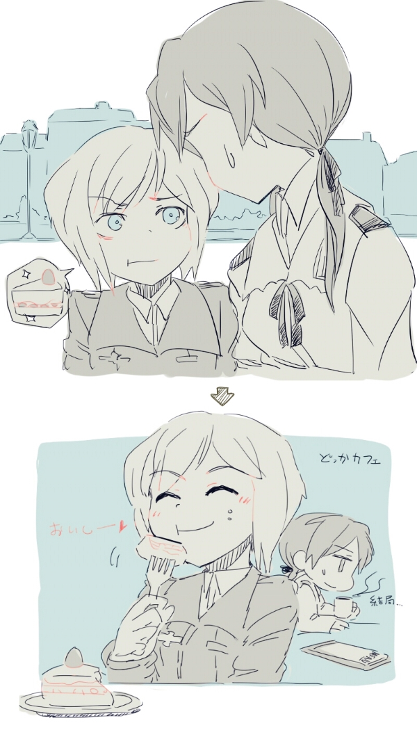 2girls 501st_joint_fighter_wing blush cake comic commentary_request cup eating erica_hartmann food fork gertrud_barkhorn limited_palette menu military military_uniform mug multiple_girls plate shiraba_(sonomama_futene) short_hair smile strike_witches sweatdrop uniform